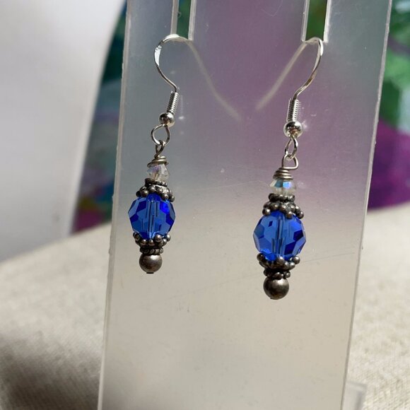 Artisan Blue Clear Crystal Dangle Earrings  1 ½” L NEW - Picture 3 of 6